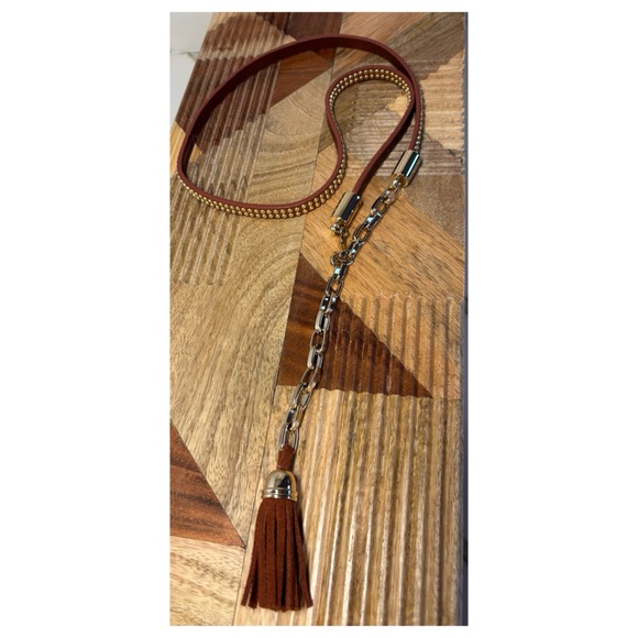 NWOT Anthropologie Leather Studded Tassel Chain Belt in CognacSize